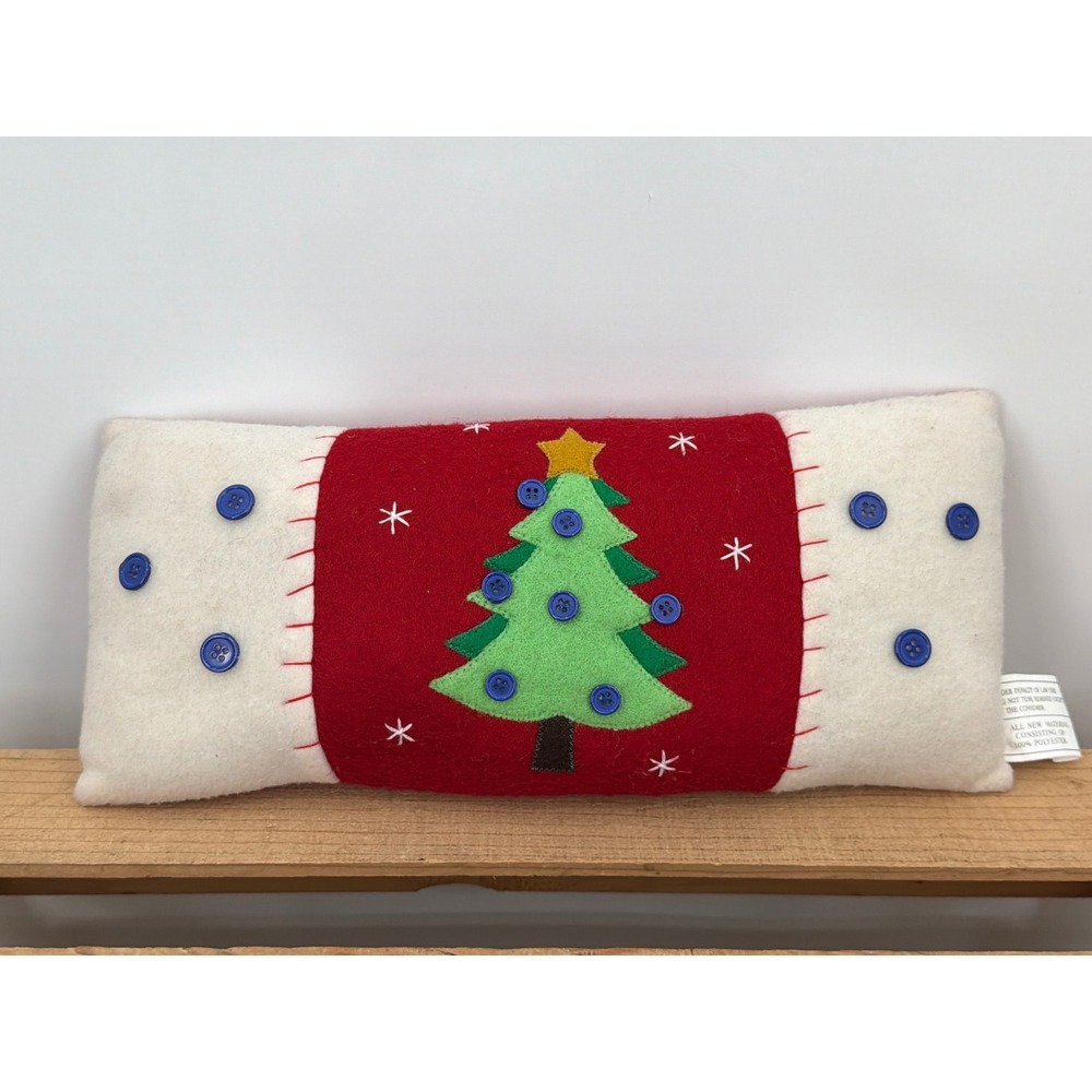 Christmas Tree Felt Applique Lumbar Pillow Red White Blue Buttons Holiday Decor